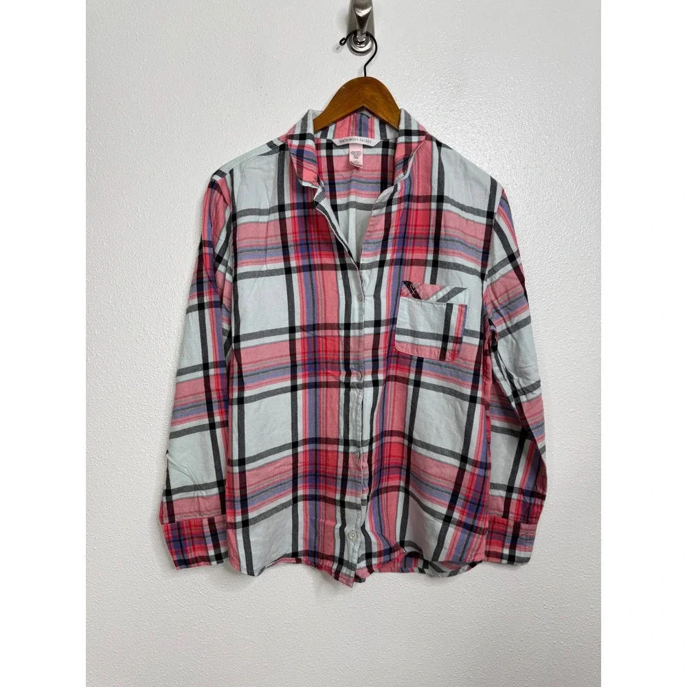 Victorias‎ Secret Pajama Set Womens Medium Pink Blue Plaid Cotton Modal 2 Piece